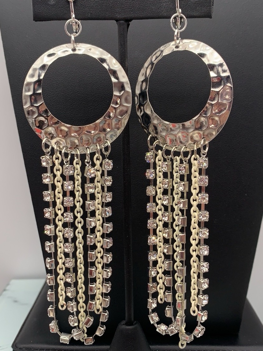 Silver Hammered Hoop Drop clip on Earrings with chain & Rhinestone Fringe
